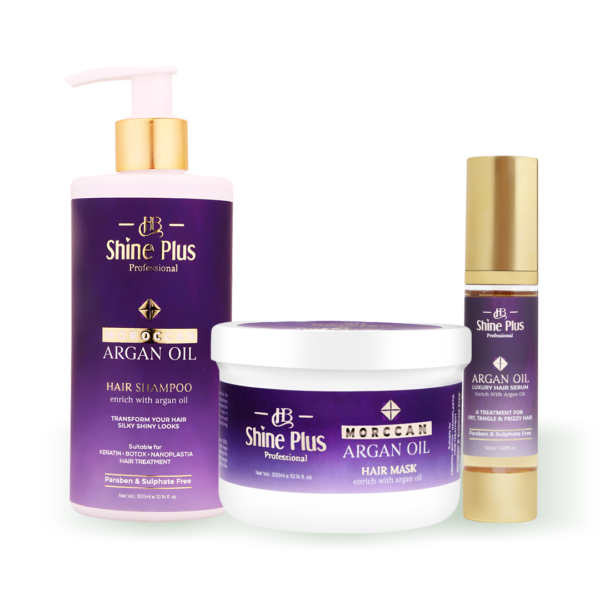 HB Shine Plus Moroccan Argan Oil Shampoo , Mask & Serum Set | Suitable for Keratin, Botox, Nanoplastia Hair Treatments | Paraben & Sulphate Free | 300 ML + 50ML